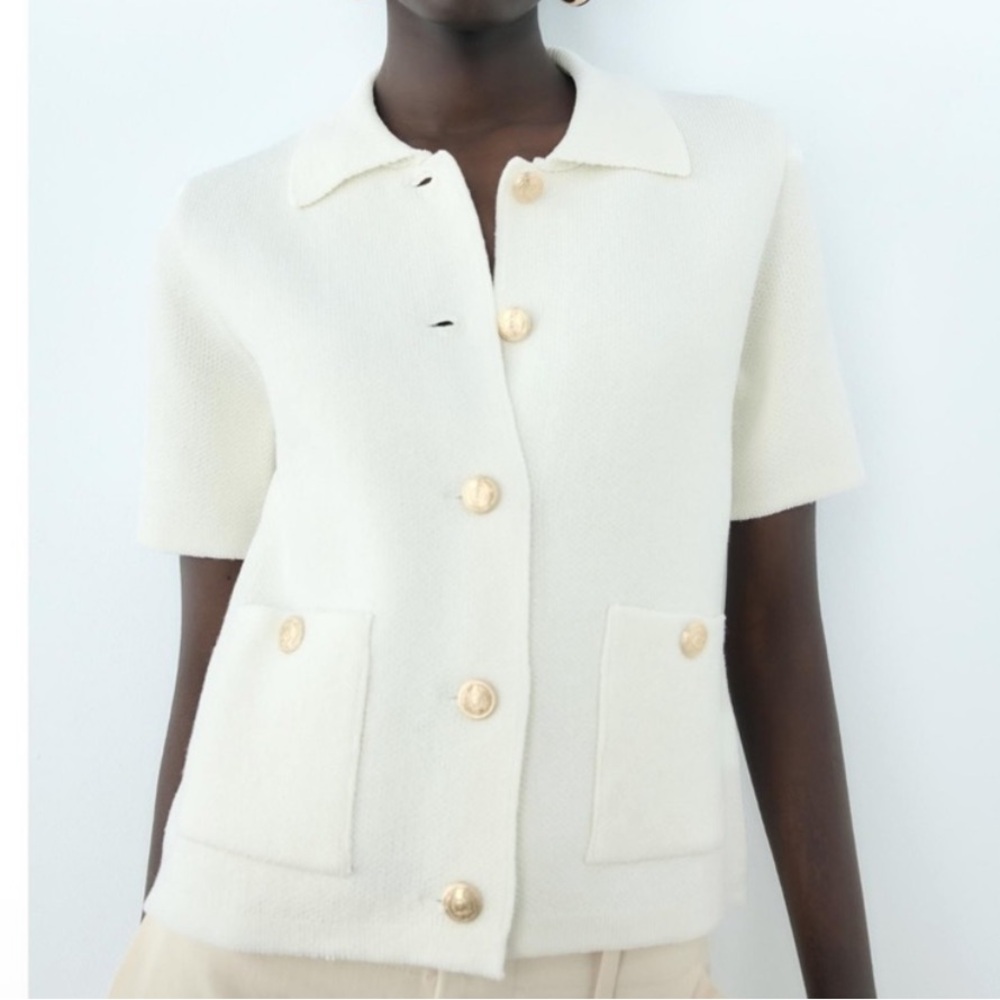 Zara Cream Short-Sleeve Button Cardigan